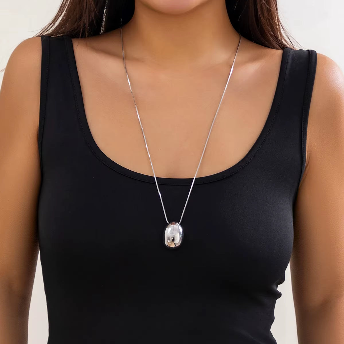 Long Chain with Surface Elliptical Ball Pendant Necklace for Women Elegant Ladies Sweater Chain Accessories Fashion Jewelry Gift