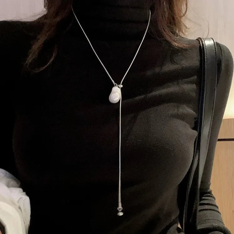 Stainless Steel Long with Baroque Pearls Necklace for Women Adjustable Chain Sweater Accessories Fashion Jewelry