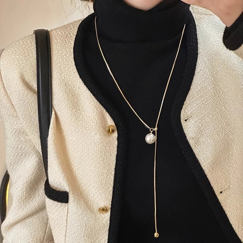 Stainless Steel Long with Baroque Pearls Necklace for Women Adjustable Chain Sweater Accessories Fashion Jewelry
