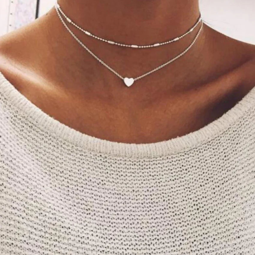 Vintage Love Heart Pendant Necklace for Women Trend Silver Color Metal Chain Collar Choker Party Jewelry Birthday Gifts