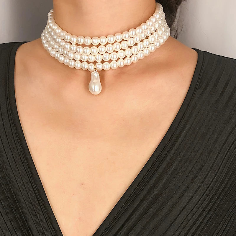 Classic Layered Strand round Pearls Beads Collar Choker Necklace for Women Irregular Baroque Pearl Pendant Wedding Necklace Gift