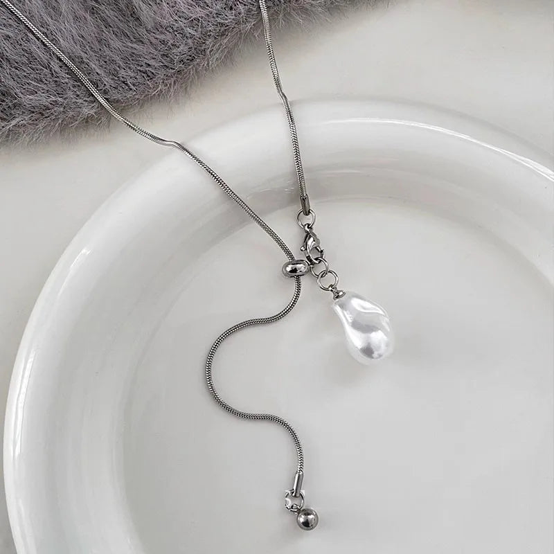 Stainless Steel Long with Baroque Pearls Necklace for Women Adjustable Chain Sweater Accessories Fashion Jewelry
