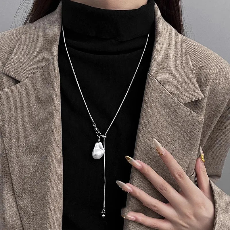 Stainless Steel Long with Baroque Pearls Necklace for Women Adjustable Chain Sweater Accessories Fashion Jewelry