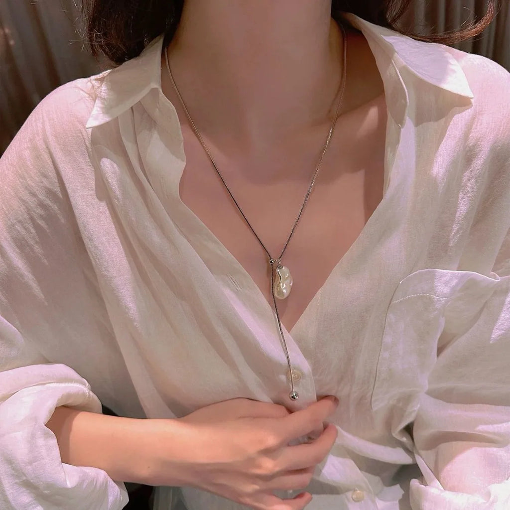 Stainless Steel Long with Baroque Pearls Necklace for Women Adjustable Chain Sweater Accessories Fashion Jewelry
