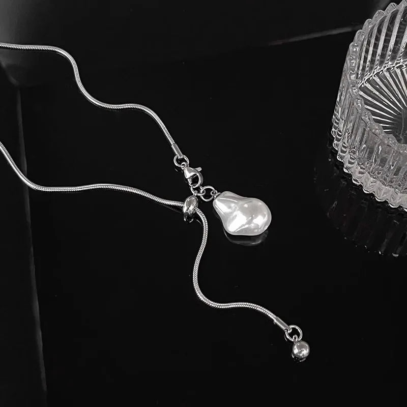 Stainless Steel Long with Baroque Pearls Necklace for Women Adjustable Chain Sweater Accessories Fashion Jewelry