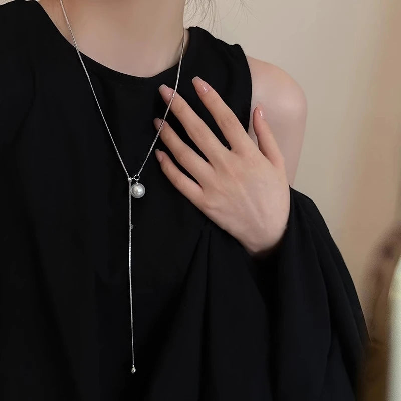 Stainless Steel Long with Baroque Pearls Necklace for Women Adjustable Chain Sweater Accessories Fashion Jewelry