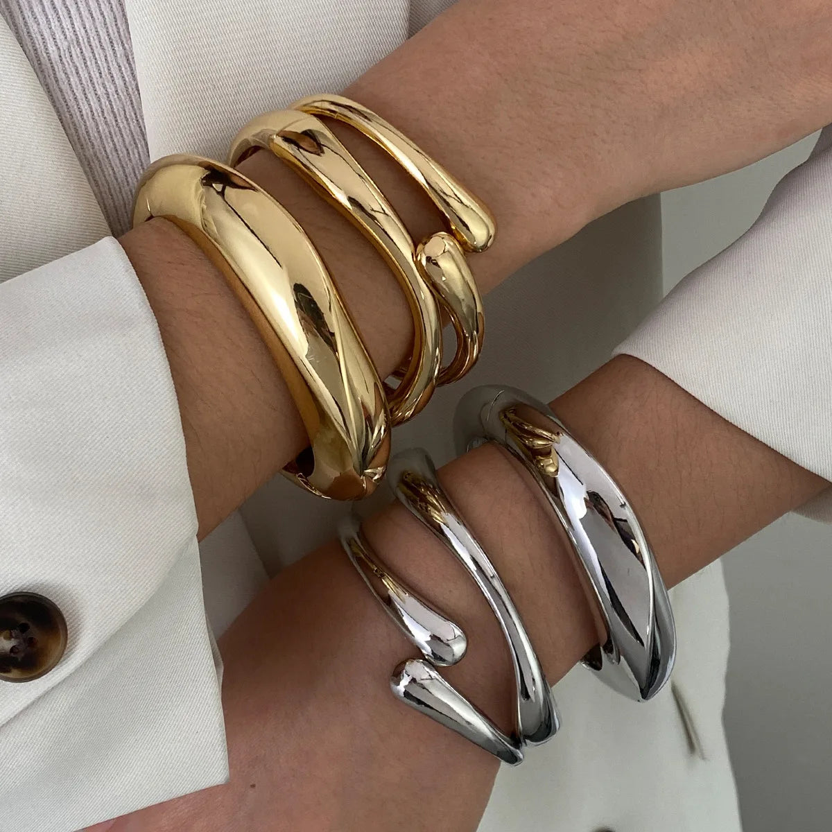 Vintage Hip Hop Metal Cuff Bangles Punk Gold Silver Color Geometric Spring Bangles for Women Men Unisex Bracelet Jewelry