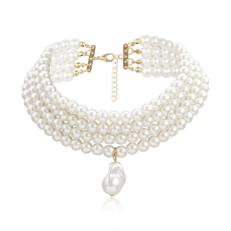 Classic Layered Strand round Pearls Beads Collar Choker Necklace for Women Irregular Baroque Pearl Pendant Wedding Necklace Gift