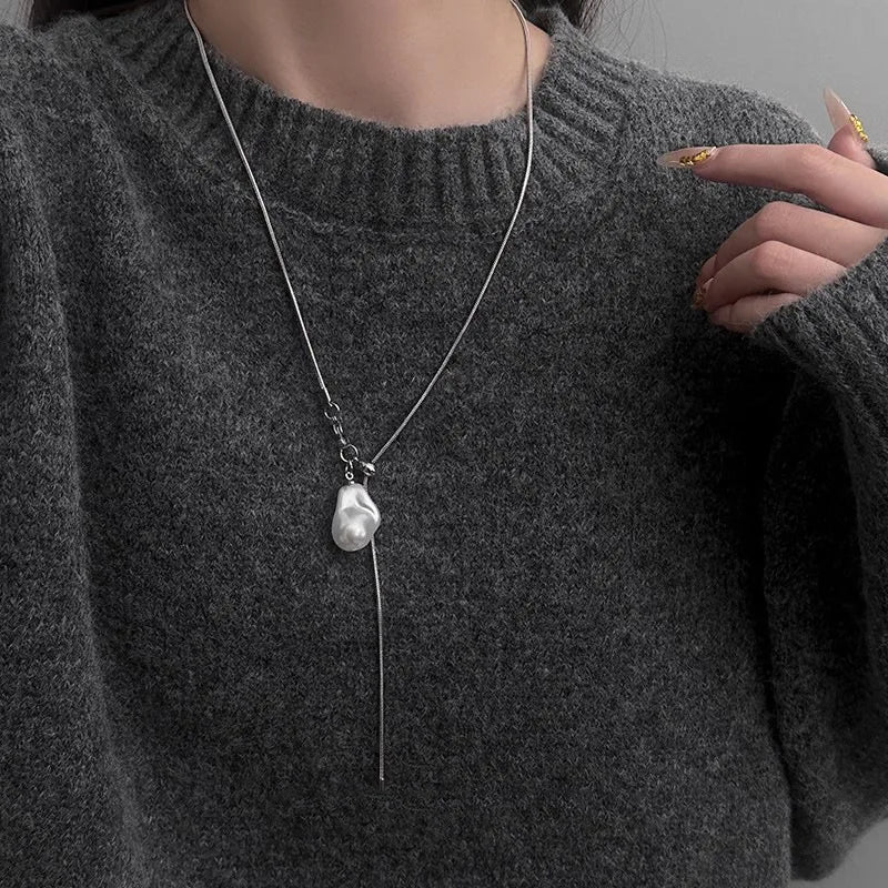 Stainless Steel Long with Baroque Pearls Necklace for Women Adjustable Chain Sweater Accessories Fashion Jewelry
