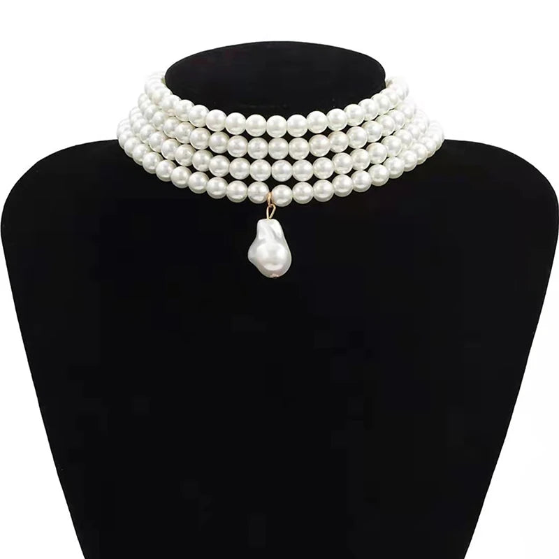 Classic Layered Strand round Pearls Beads Collar Choker Necklace for Women Irregular Baroque Pearl Pendant Wedding Necklace Gift