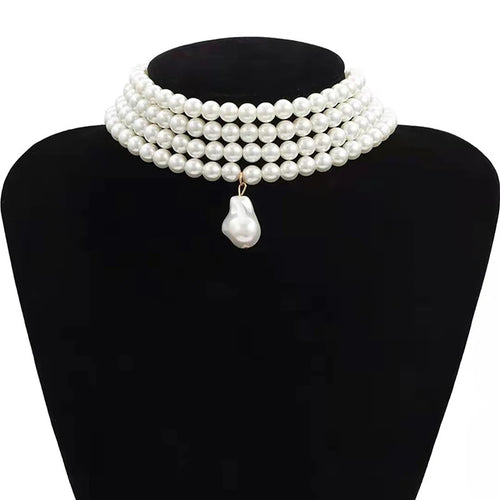 Classic Layered Strand round Pearls Beads Collar Choker Necklace for Women Irregular Baroque Pearl Pendant Wedding Necklace Gift