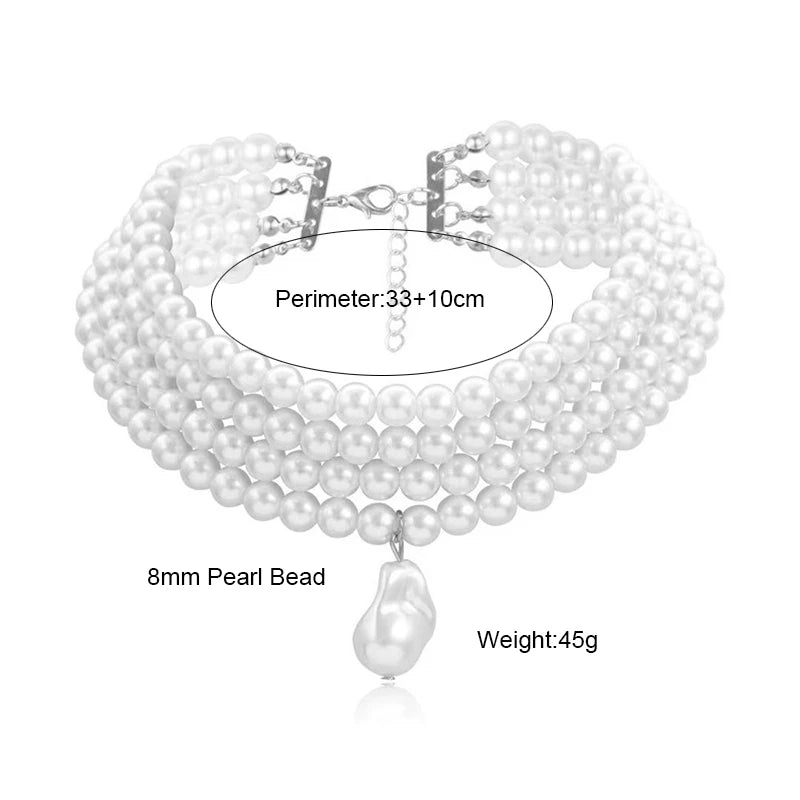 Classic Layered Strand round Pearls Beads Collar Choker Necklace for Women Irregular Baroque Pearl Pendant Wedding Necklace Gift
